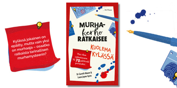 Murhakerho ratkaisee -kirjan etukansi ja kuvitusta.