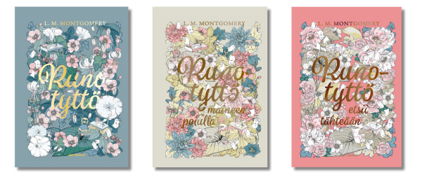 Runotyttö-trilogian uusien käännösten kannet.