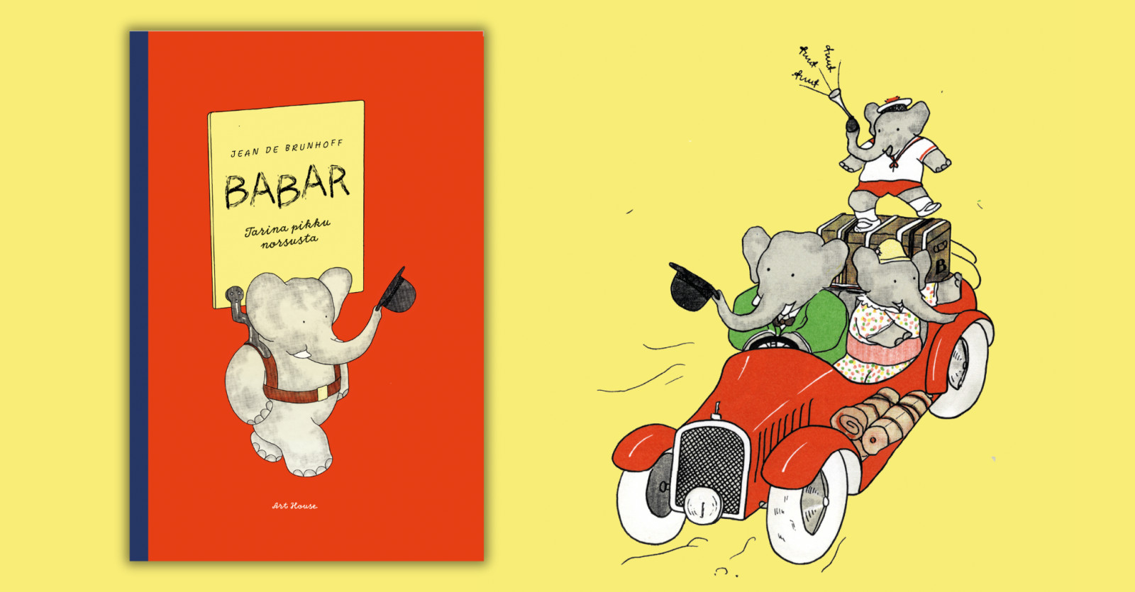 Babar – Tarina pikku norsusta -kirjan kansikuva ja kuvituskuvaa kirjasta.