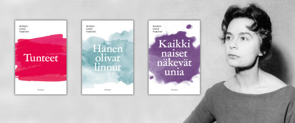 Marja-Liisa Vartio ja kolme hänen kirjansa etukantta.