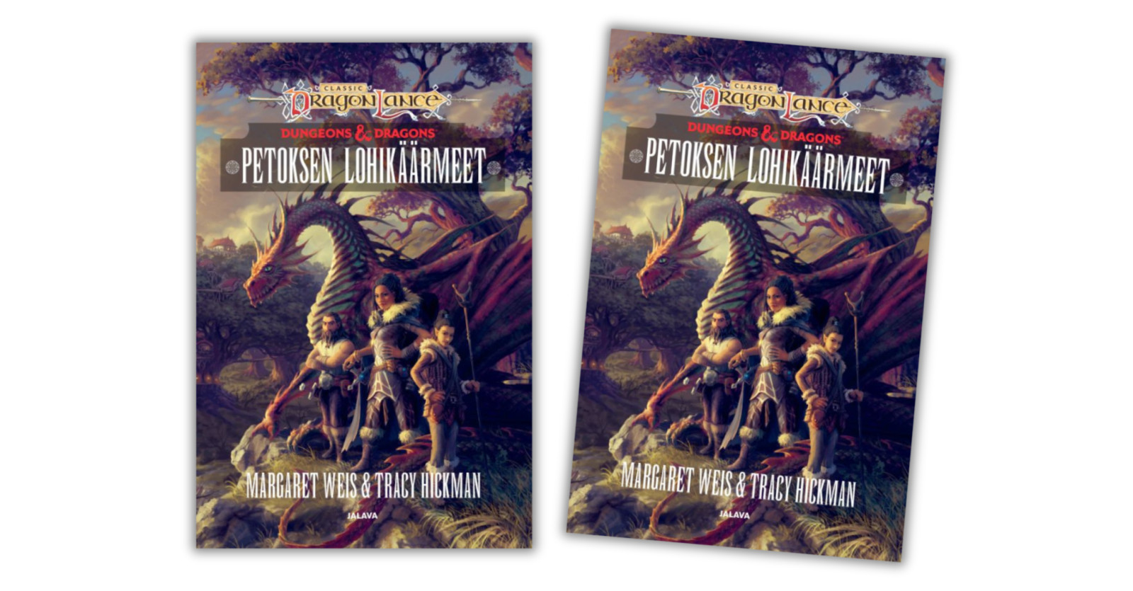 Petoksen lohikäärmeet -kirjan etukansia, joissa on kolme henkilöhahmoa ja näyttävä lohikäärme fantasiamaisemassa.