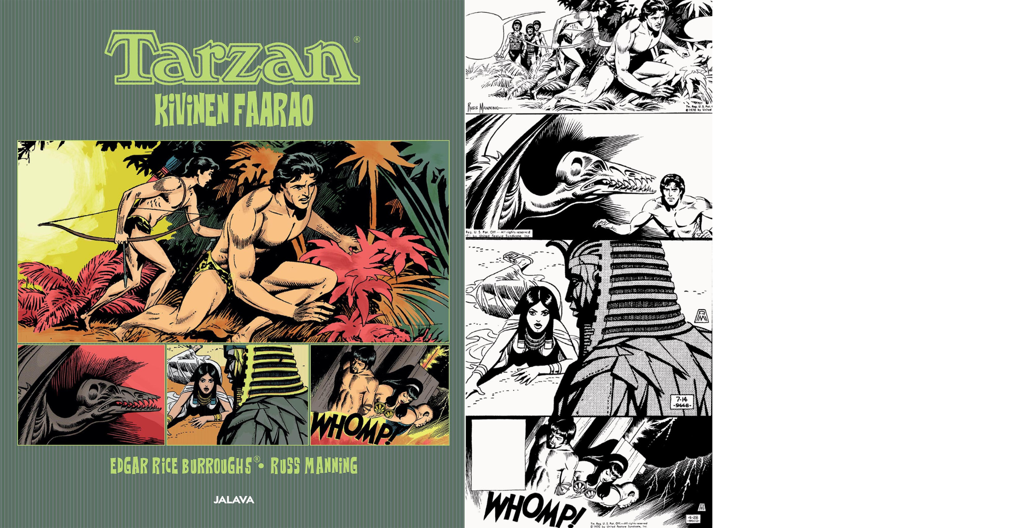 Tarzan – Kivinen faarao -albumin kansikuvia ja mustavalkoisia sisäkuvia.