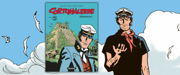 Corto Maltese - Elämänviiva -albumin etukansi ja kuvitusta.